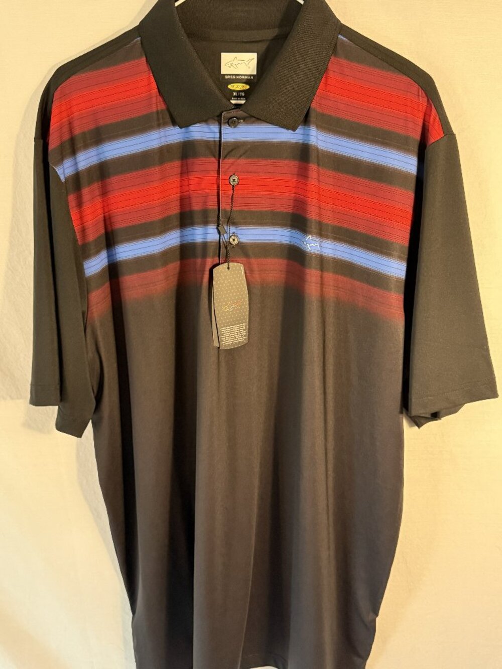 Greg Norman Mens XL NWT PlayDry Golf Polo Shirt Black Red Blue Striped Tech
